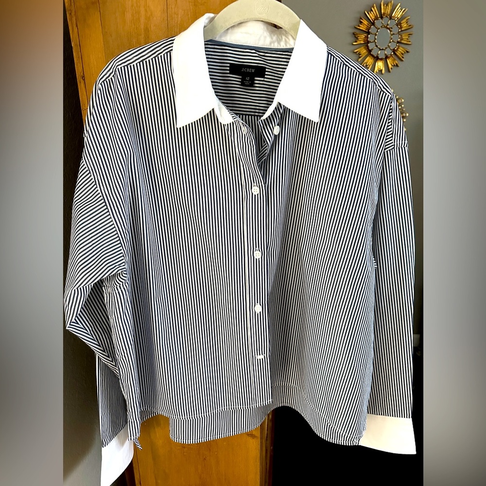 J. Crew Relaxed Fit Cropped Cotton Shirt Navy Stripe    Size 12 Lightly worn